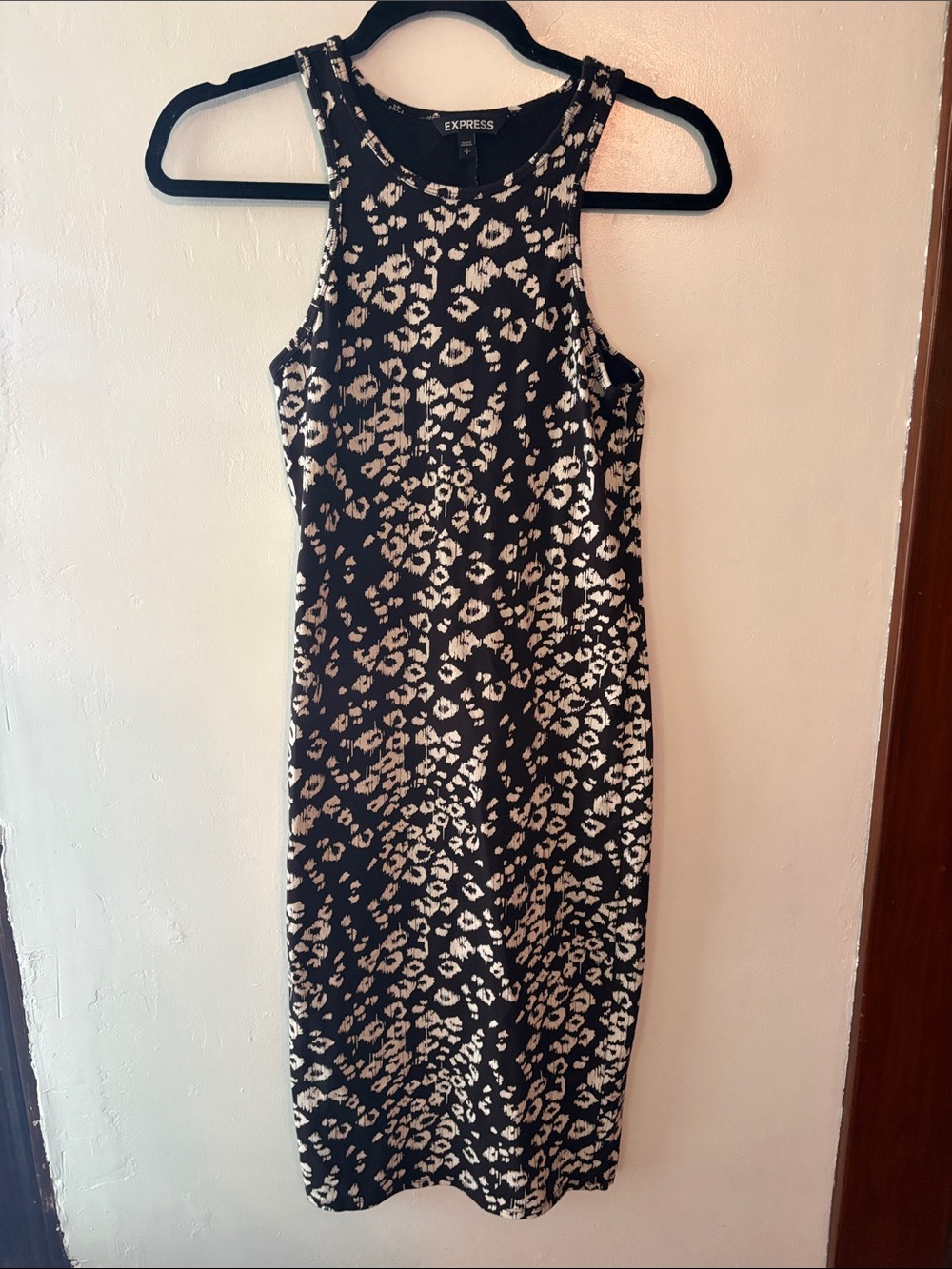 Express Black and Cream Leopard-Print Midi Tank Dress Size Small - Picture 2 of 4